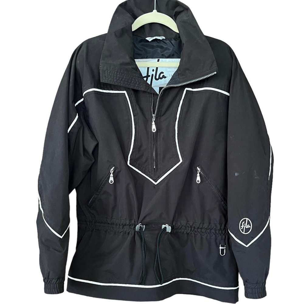 Vintage Fila Ski Parka half zip black with white piping shoulder pads sz medium